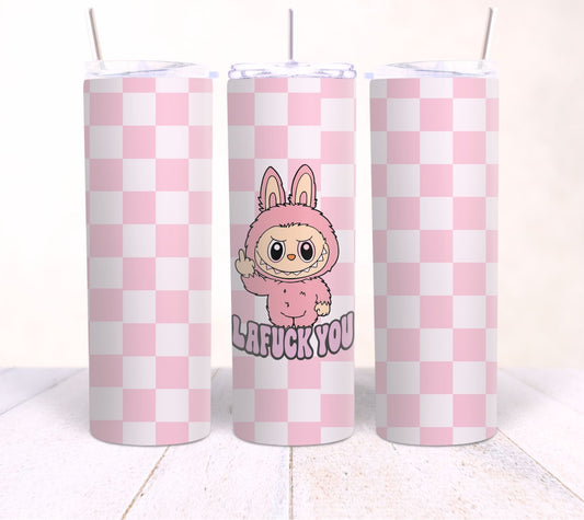 Three pink and white checkered tumblers with a cartoon character and text on a white background