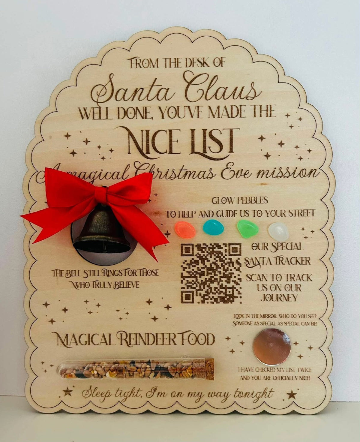 Christmas Eve Mission wooden board with nice list message, believe bell, glow pebbles, Santa tracker QR code, mirror and reindeer food