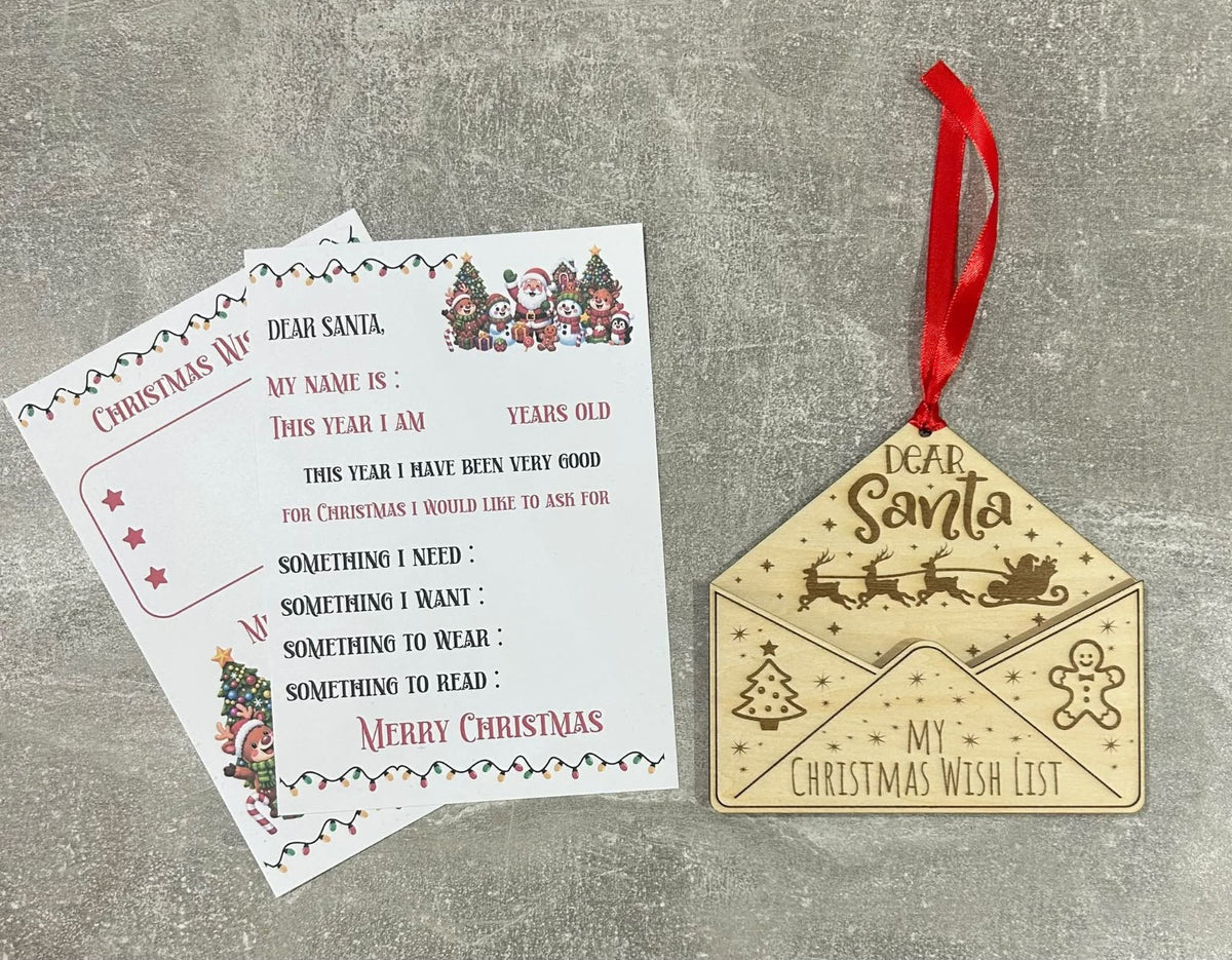 Dear Santa wooden Christmas wish list envelope with red hanging ribbon and printed letter to Santa