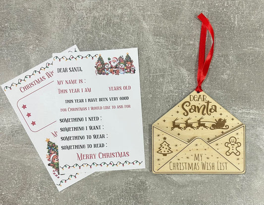 Dear Santa wooden Christmas wish list envelope with red hanging ribbon and printed letter to Santa
