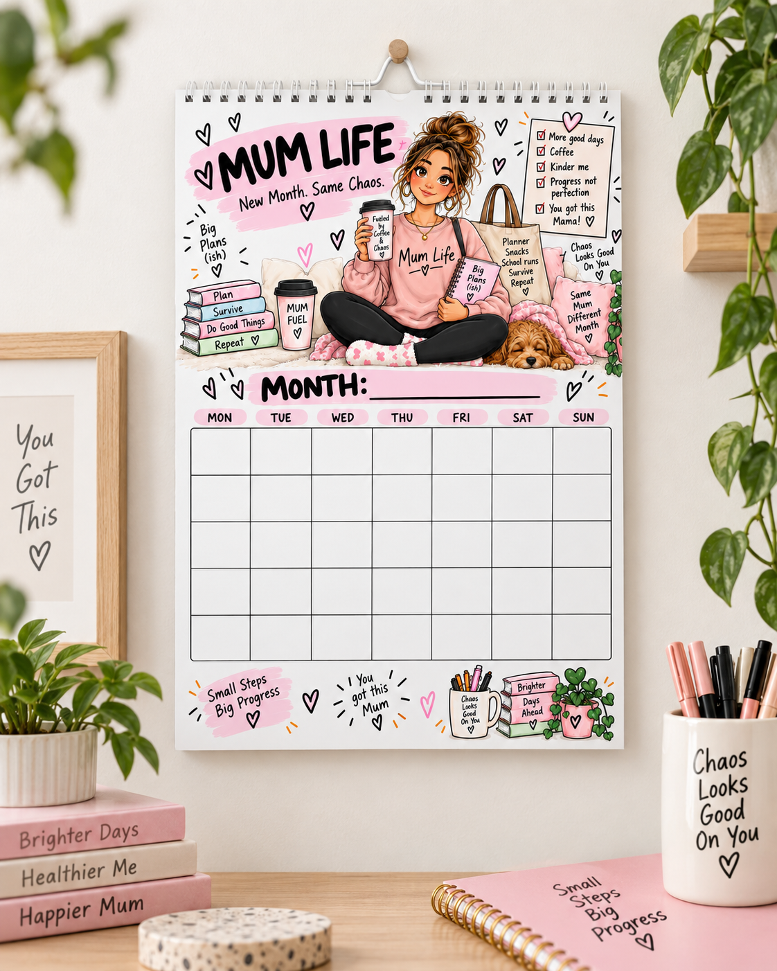 Mum Life A4 undated wall calendar with top binding and hanging hook