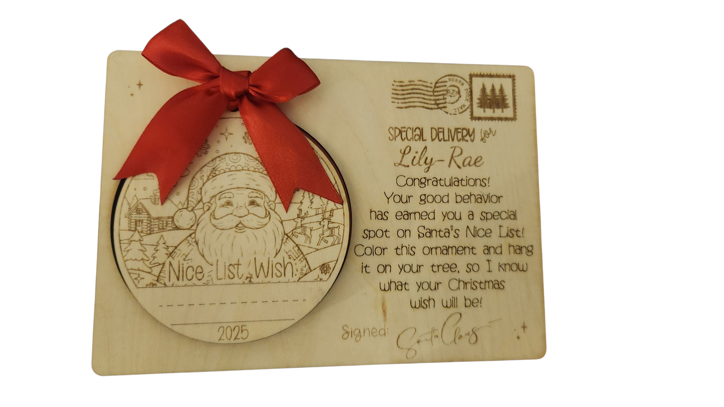 Wooden Nicelist letter and pop out Nice list wish bauble